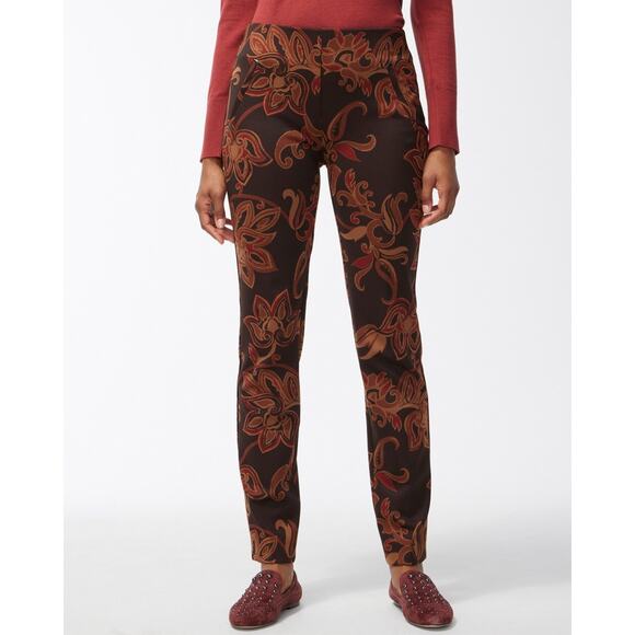 New CHICO's Petite Sz 1.5 10P Juliet Ponte Floral Ankle Pants In Brown Fall - Picture 1 of 7